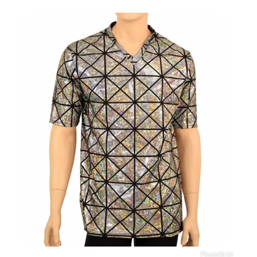 Men’s Silver on Black Cracked Tile Holographic V-Neck Short Sleeve Shirt XL